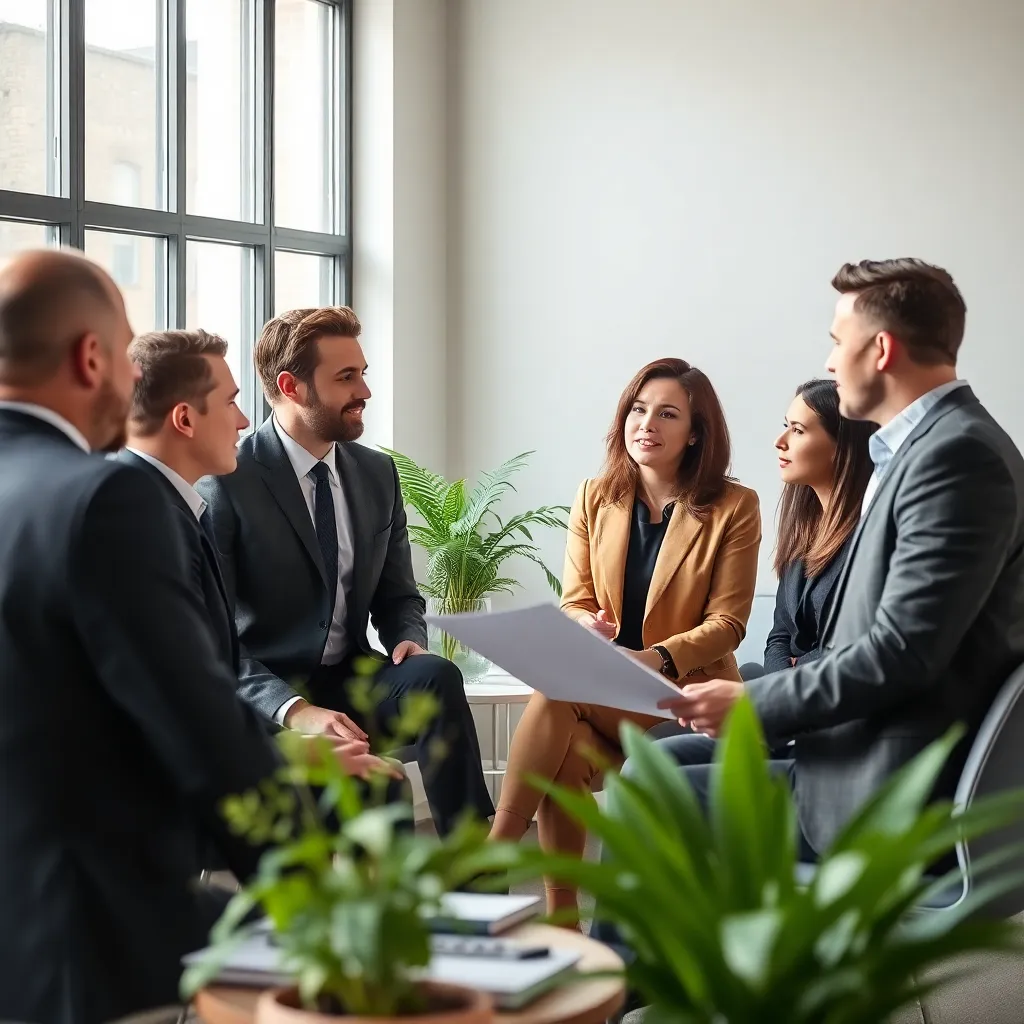 Professionals in een moderne Nederlandse kantooromgeving die carrièregroei bespreken